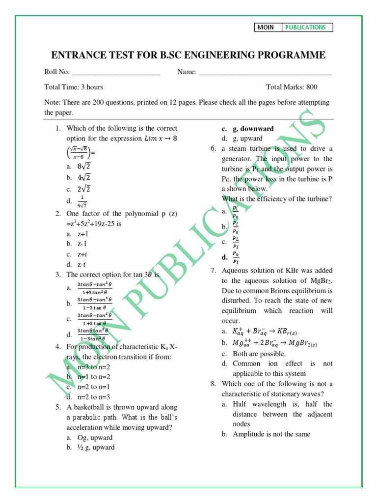 B.Sc Engineering Entrance Test | PDF | Gases | Electron