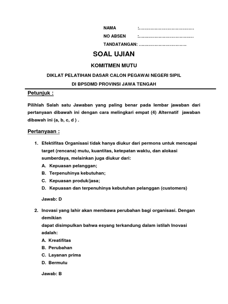 Soal Soal Komitmen Mutu Prajab