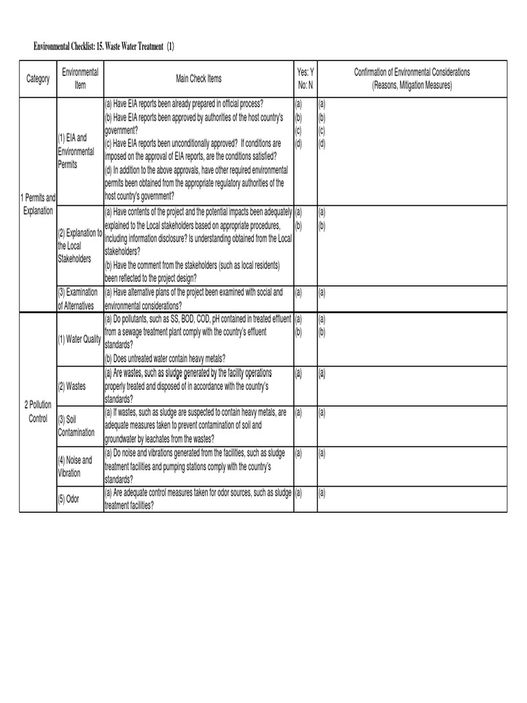 Environmental Checklist: 15. Waste Water Treatment 1 | PDF | Pollution ...