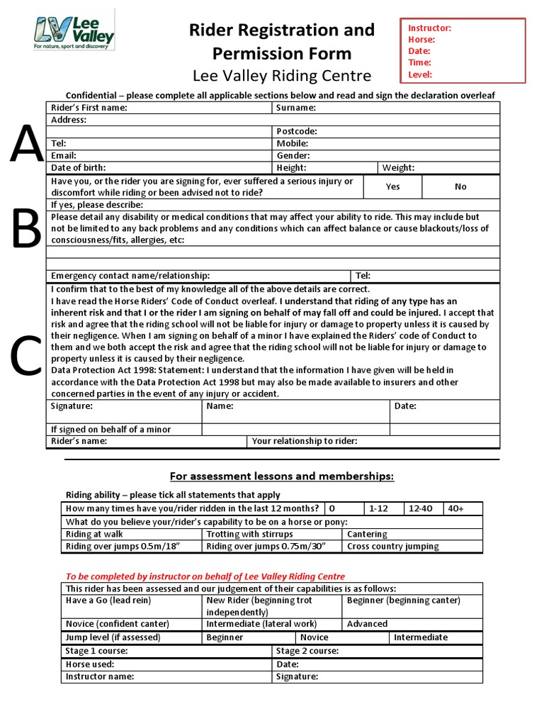 Lee Valley Rider Registration Form | Download Free PDF | Equestrianism ...