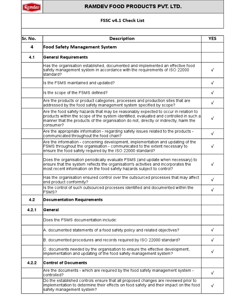 FSSC v4.1 Checklist Food Safety Hazard Analysis And Critical