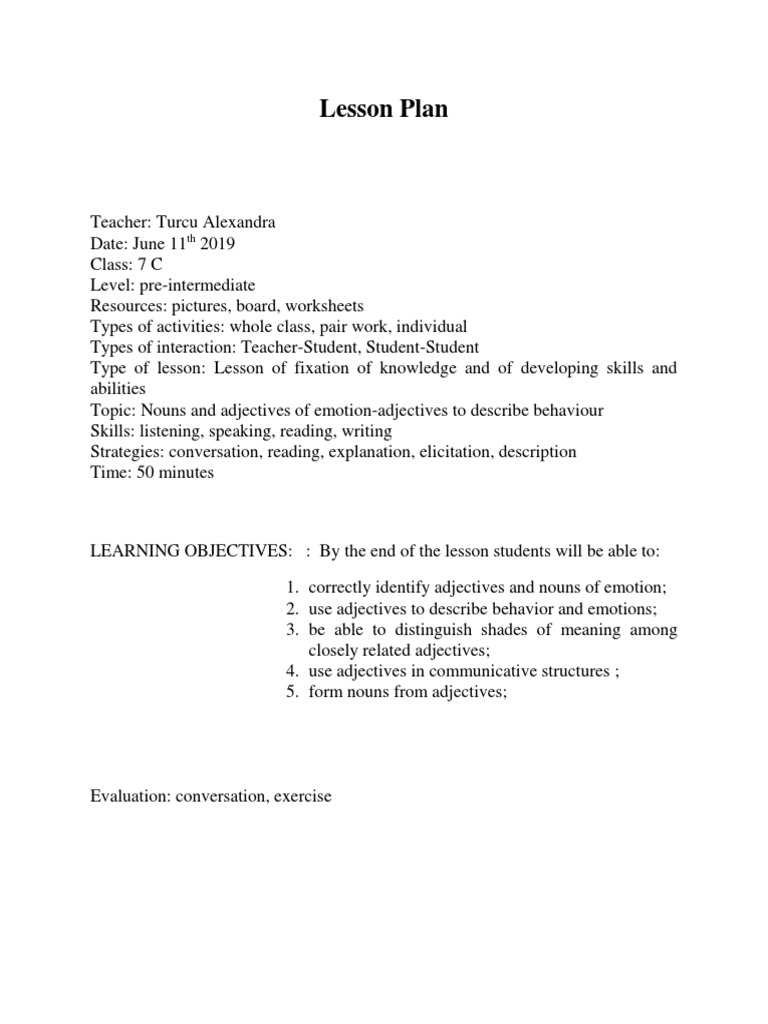 Lesson Plan 7C | PDF | Adjective | Teachers