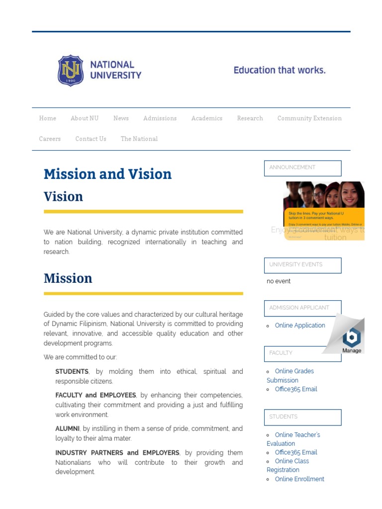 Mission and Vision - National University PDF | PDF | Behavior ...