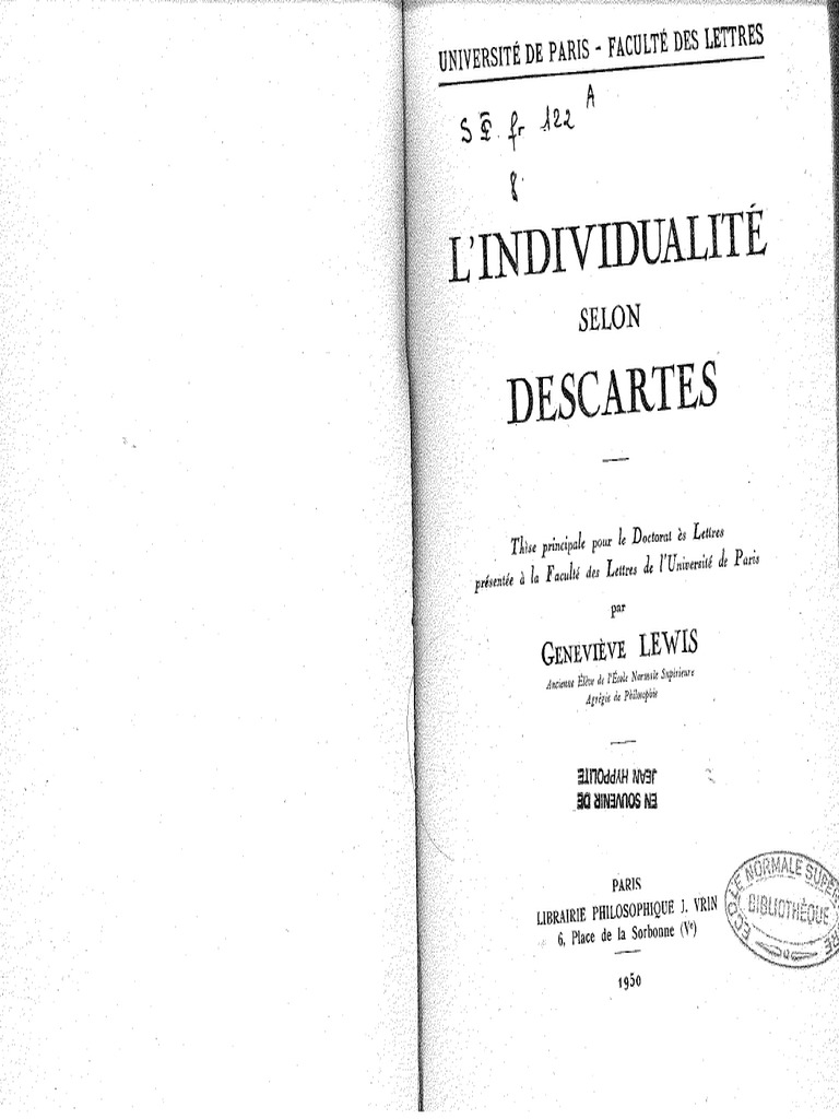 L'individualité Selon Descartes - G. Rodis-Lewis | PDF