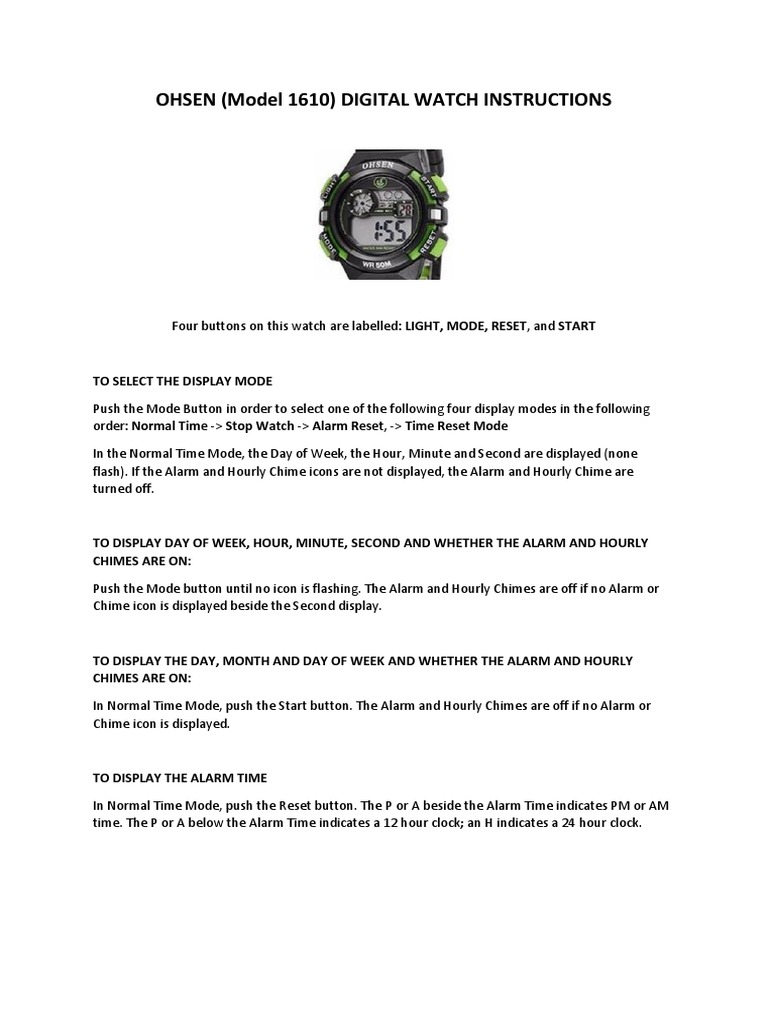 OSHEN 1610 Digital Watch Instructions PDF Clock Watch