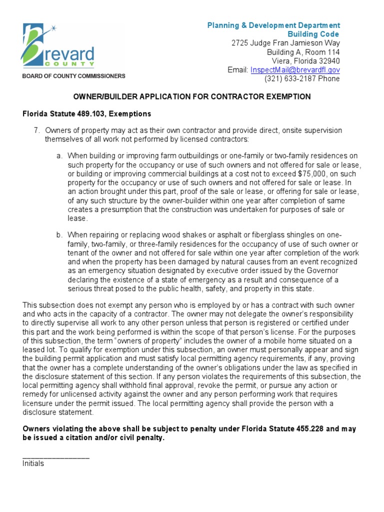 Owner Builder Application For Contractor Exemption PDF Independent