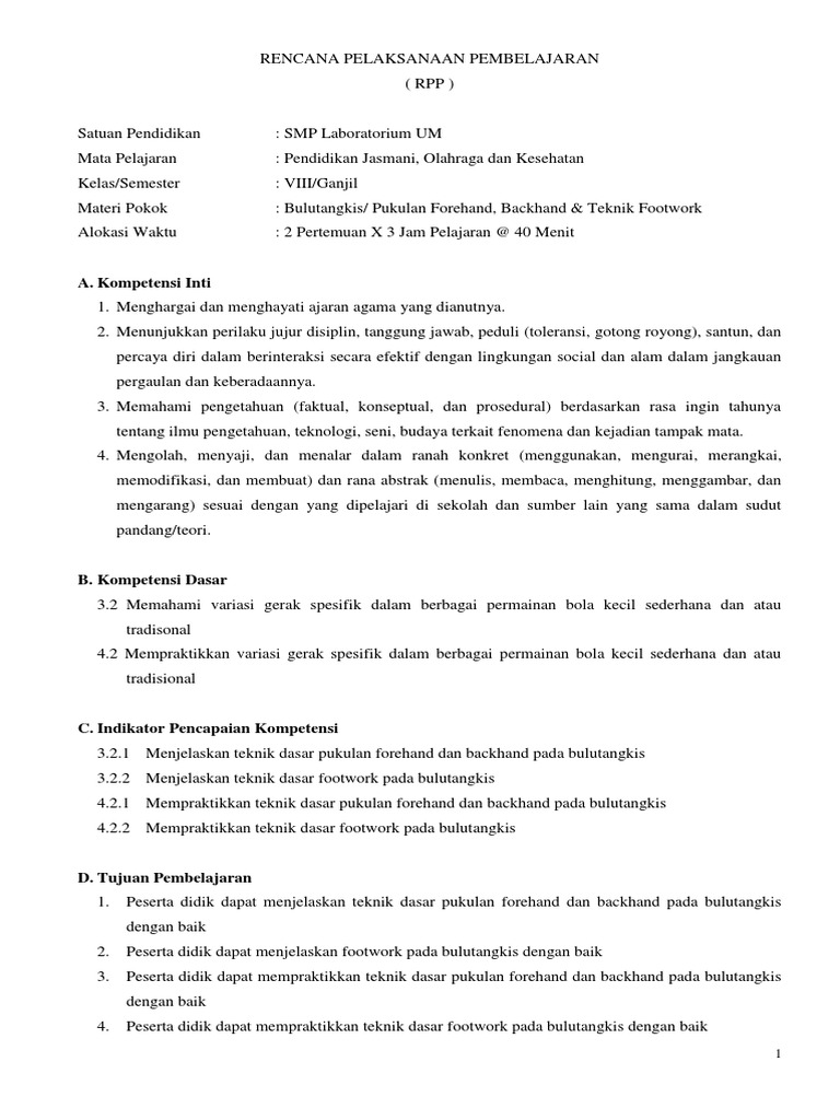 Rpp Bulutangkis Kelas Viii Ganjil