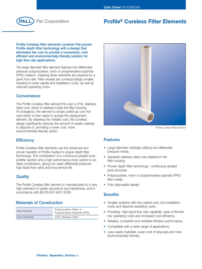 Pall Profile Coreless Filter | PDF | Filtration | Flow Measurement