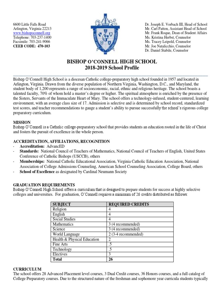 Bishop Oconnell School Profile 2018 19 PDF Advanced Placement