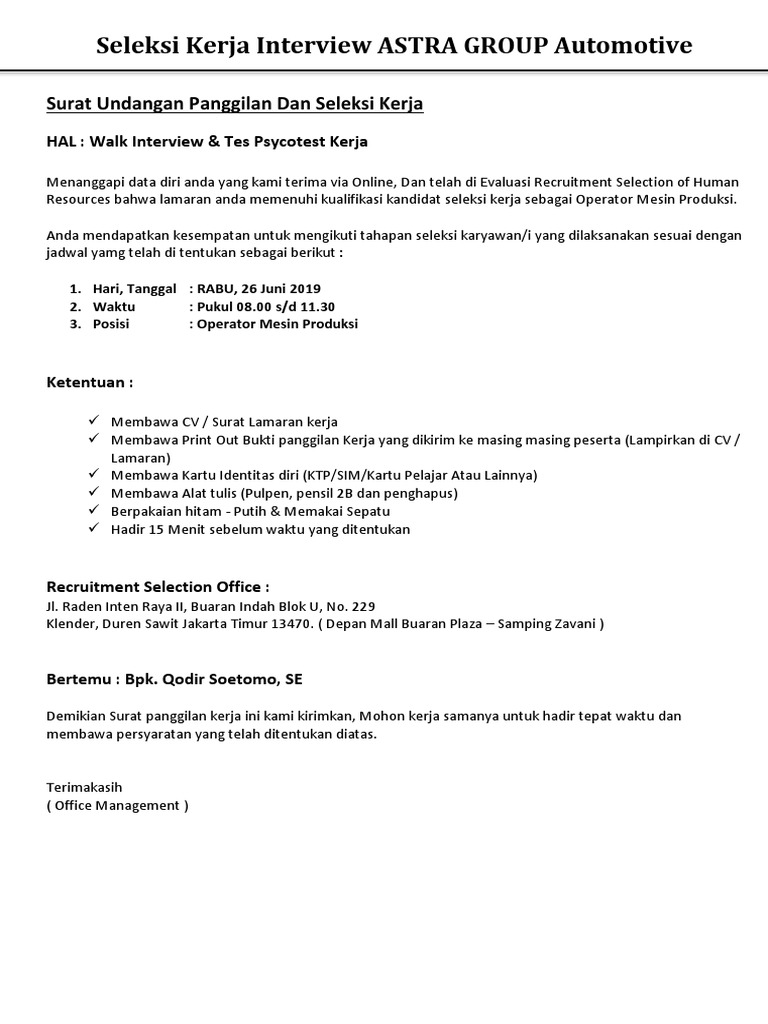 Seleksi Operator Mesin ASTRA 2019 | PDF | Karier & Perkembangan