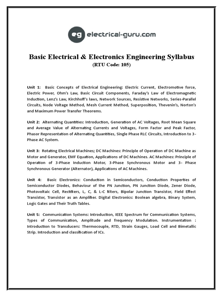 Basic Electrical & Electronics Engineering Syllabus (RTU Code 105) PDF