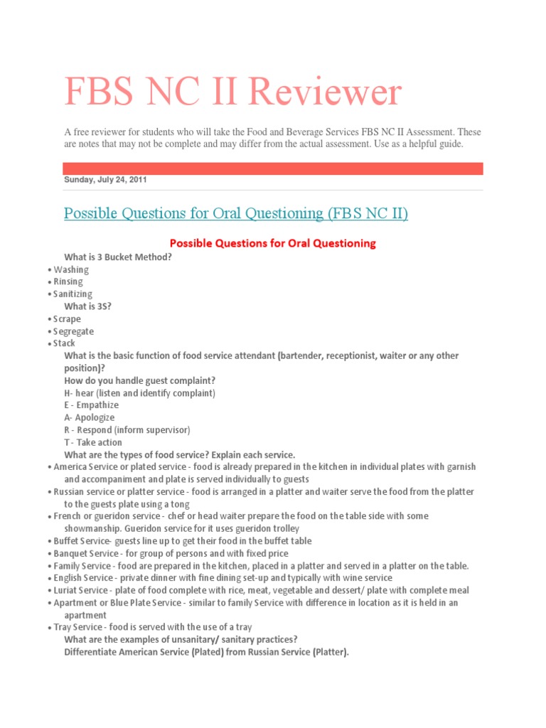 FBS NC II Assessment Reviewer Guide | PDF | Tableware | Spoon