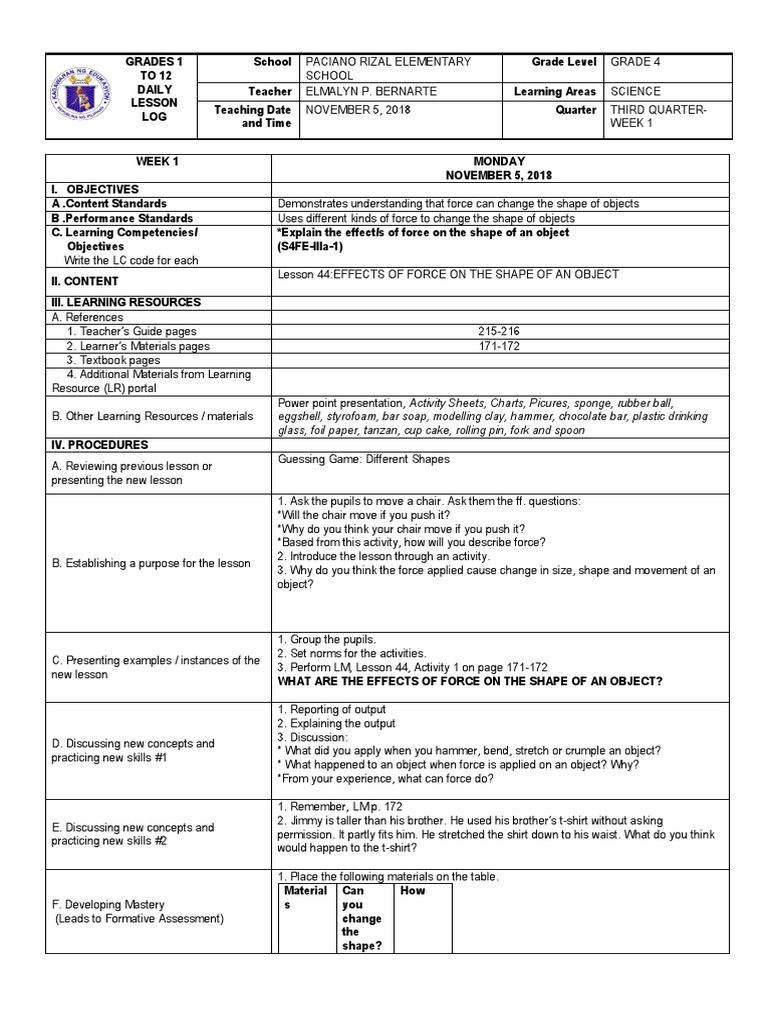 Effects of Force on Objects: Lesson Plan | PDF | Learning | Teachers