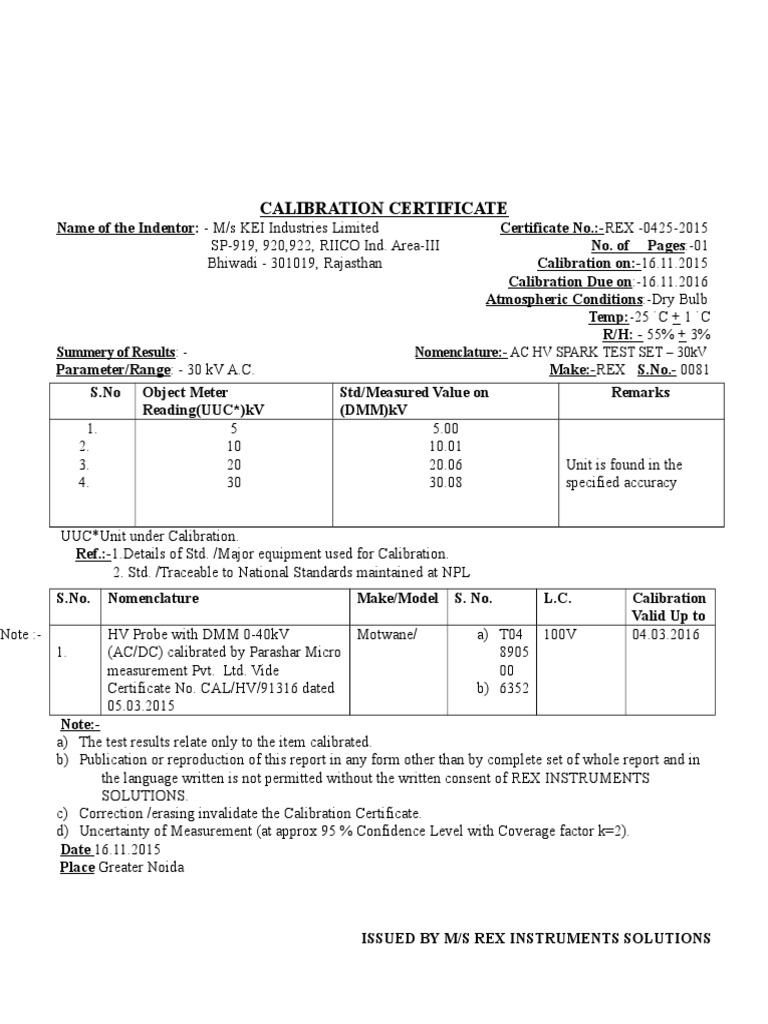 30kv Spark Test Set 0081 PDF Calibration Scientific Method