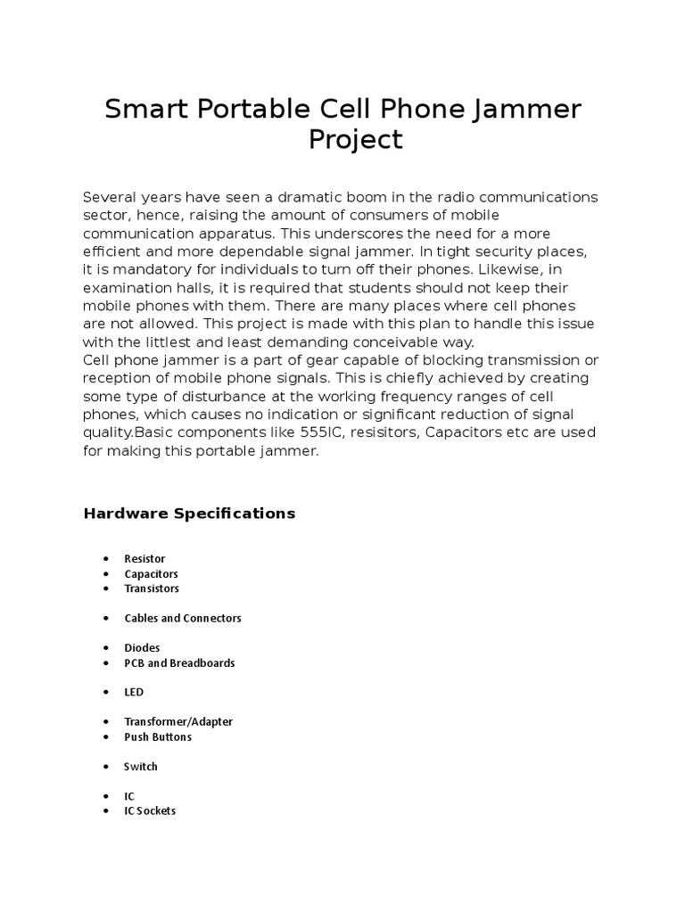 Smart Portable Cell Phone Jammer Project Hardware Specifications PDF