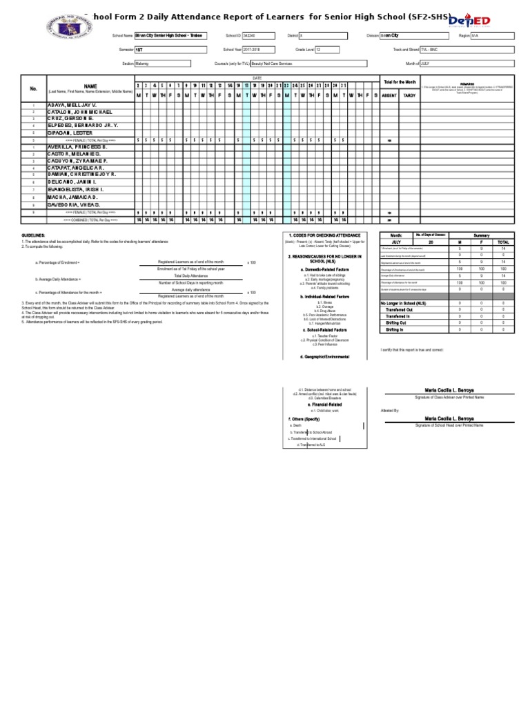 School Form 2 Daily Attendance Report of Learners For Senior High ...