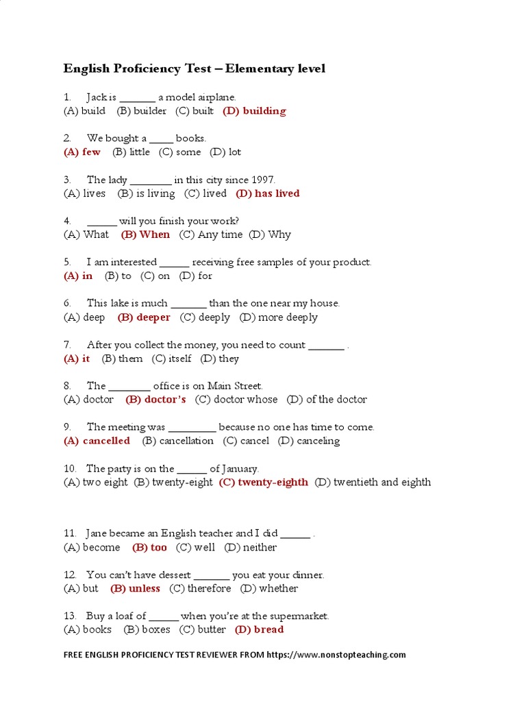 Elementary English Proficiency Test | PDF | Teaching Methods ...