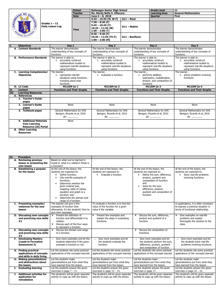 Grade 11 General Math Lesson Plan | PDF | Function (Mathematics) | Teaching