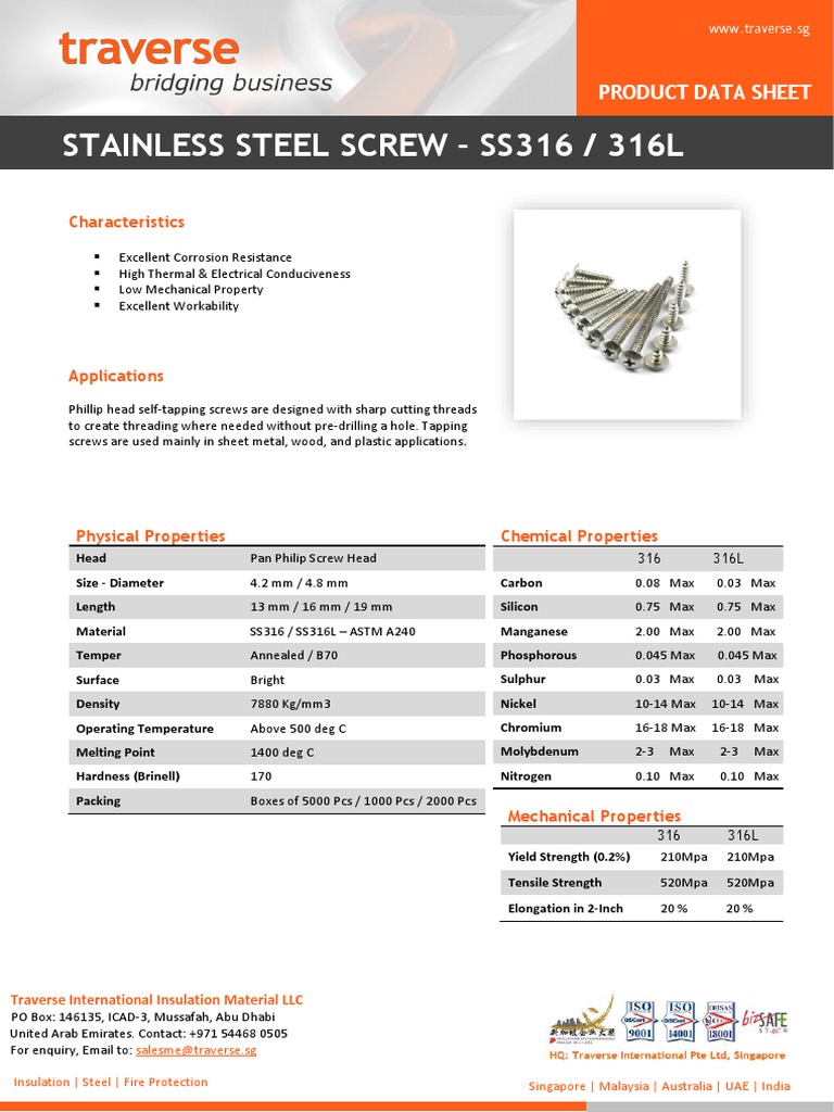 SS316 Stainless Steel Screw Data Sheet | PDF | Stainless Steel | Screw