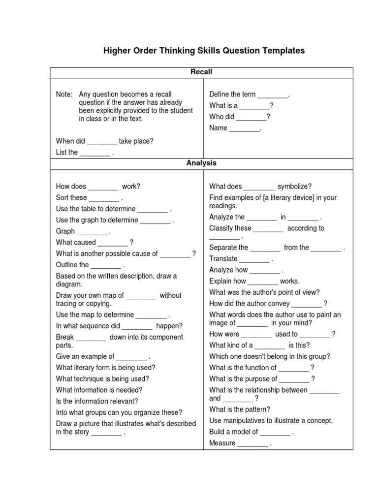 Hots Questions Template PDF | PDF | Information | Reason