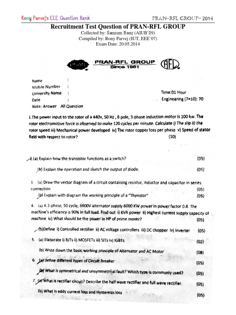PRAN-RFL Group Exam Question Bank | PDF