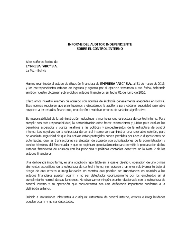 ABC - Informe de Control Interno (ParteA) Formato | PDF | Auditoría ...