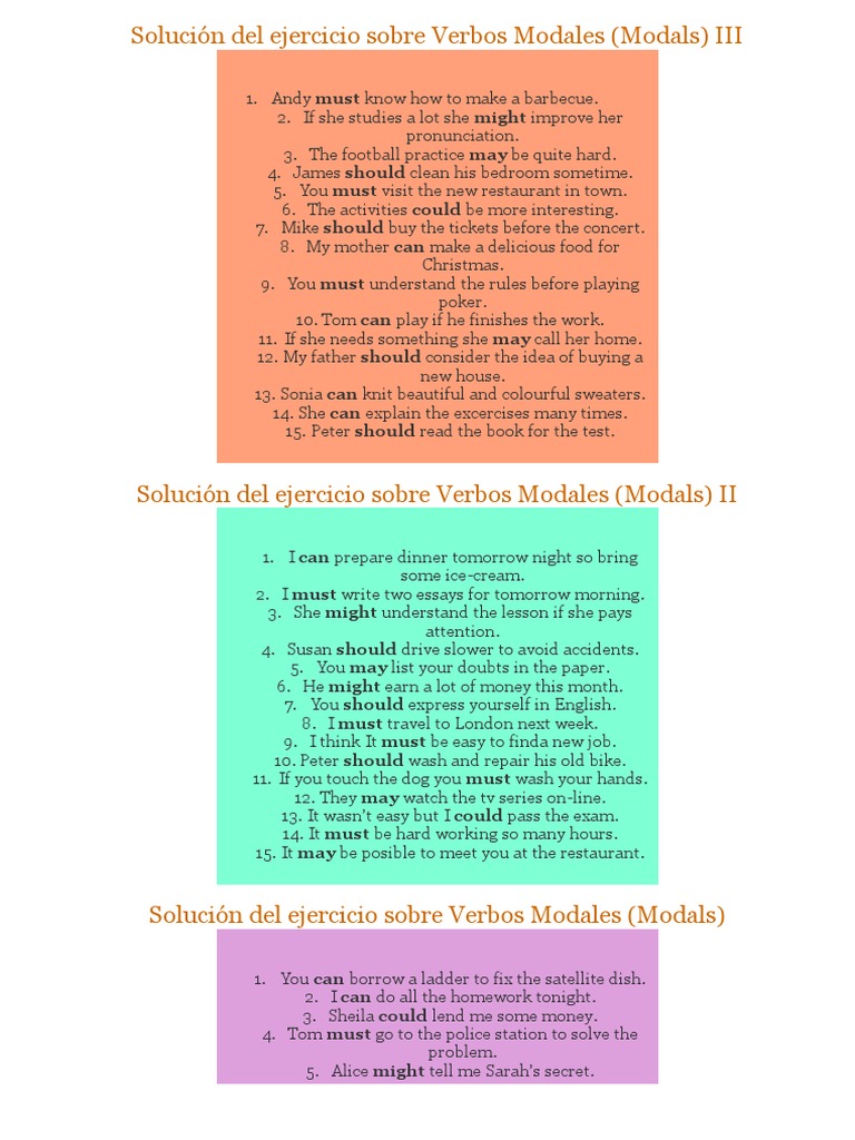 Ejercicios de Verbos Modales con Soluciones | PDF | Language Arts ...