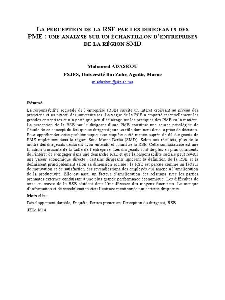 Perception de la RSE par les dirigeants de PME | PDF | Responsabilité ...
