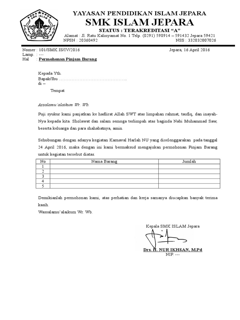 Permohonan Pinjam Barang SMK Islam Jepara | PDF