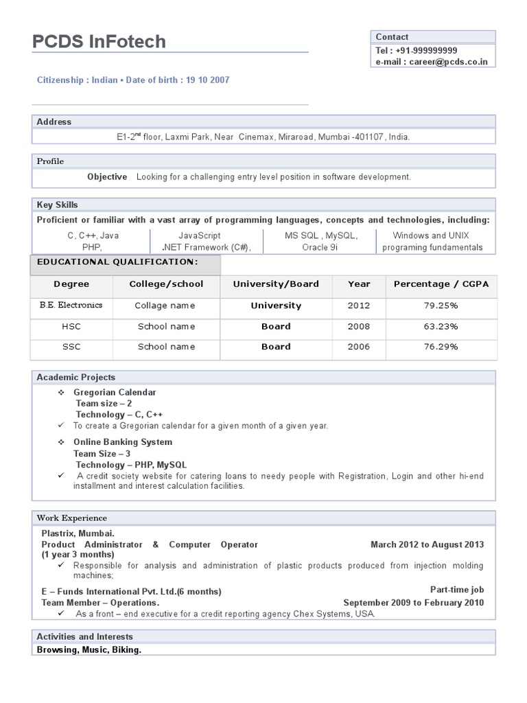 Biodata Resume Format PDF Computer Programming Software Engineering
