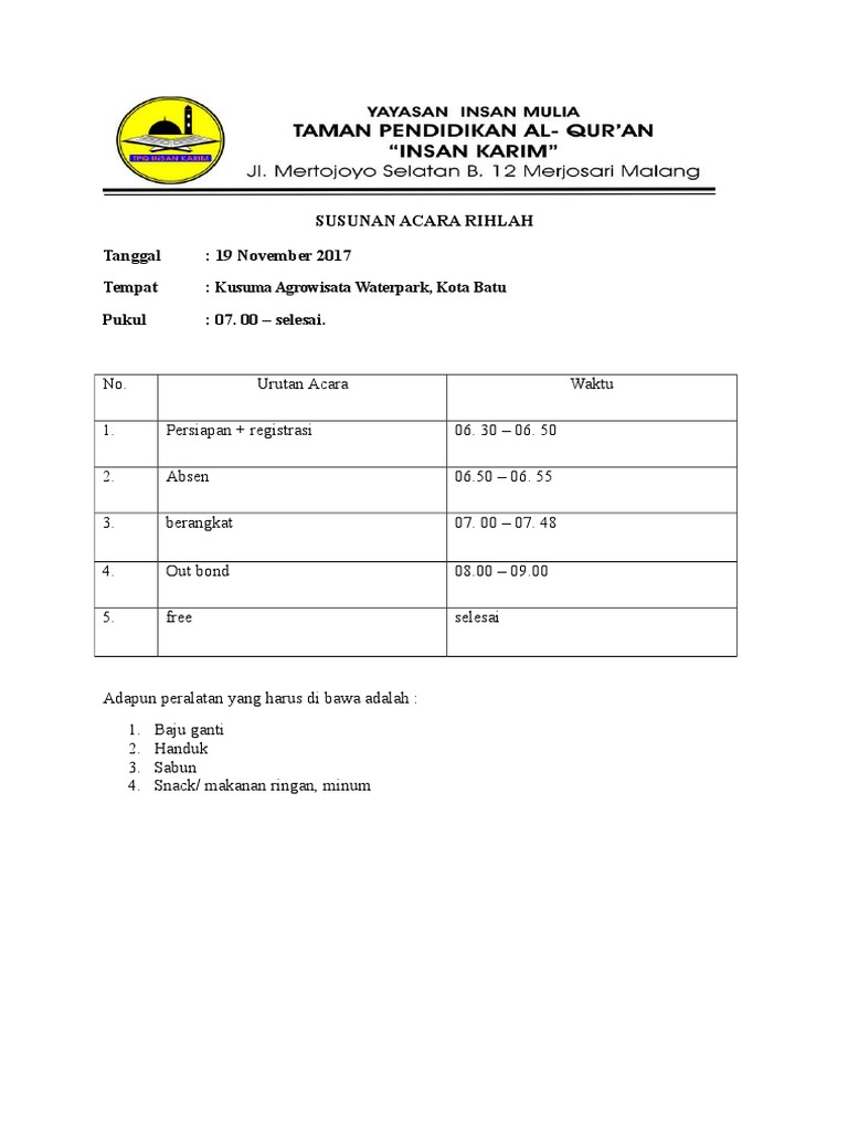 Susunan Acara Rihlah 2017 | PDF