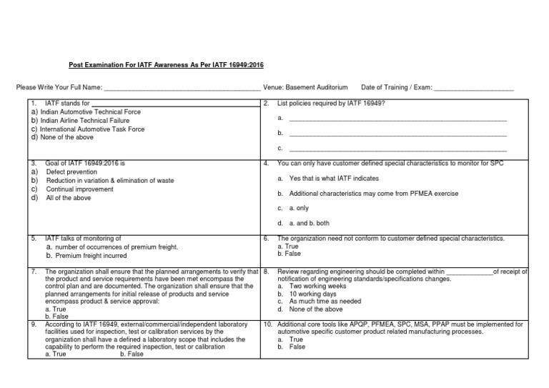 Post Exam IATF Awareness | Test (Assessment) | Business | Free 30-day ...