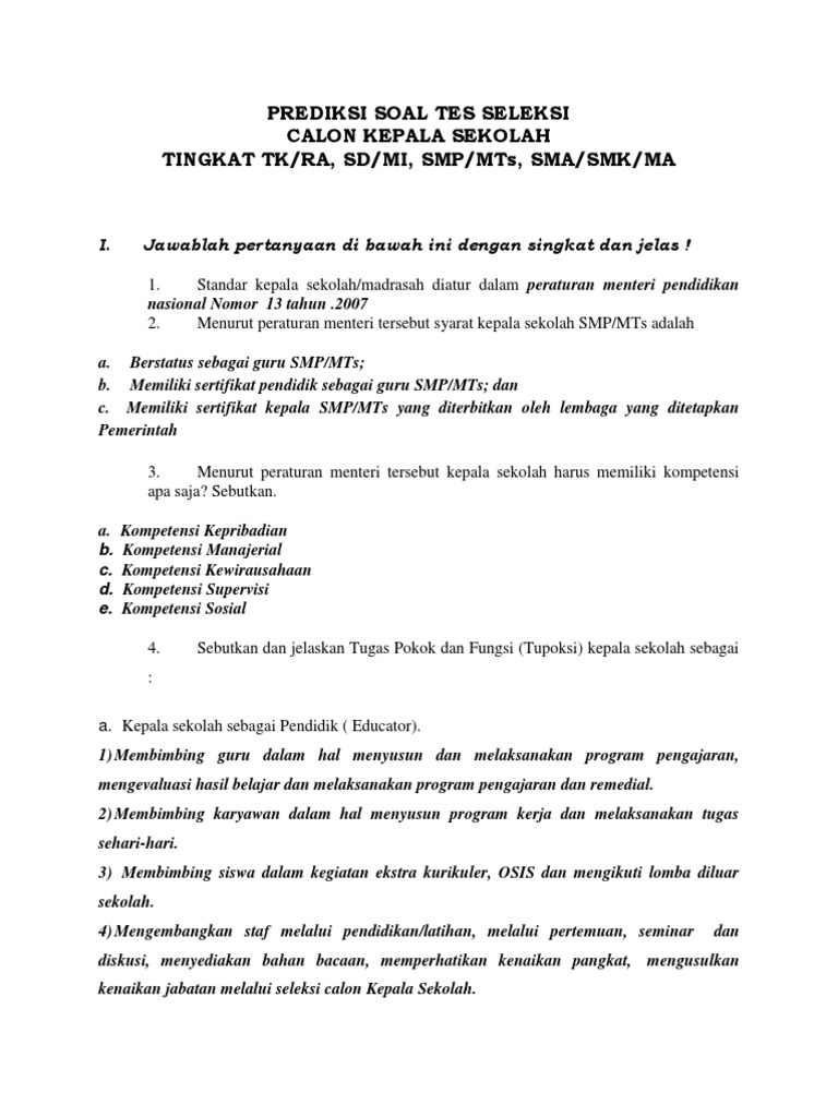 Download Soal Tes Kepala Sekolah Berprestasi 2019