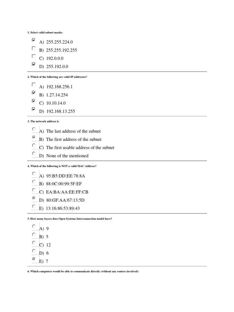 Networking Fundamentals Quiz PDF Ip Address Osi Model