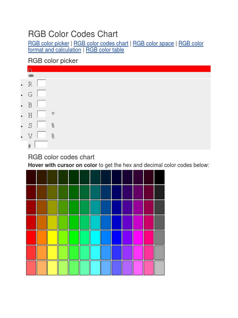 RGB Color Codes Chart | PDF | Rgb Color Model | Light Emitting Diode
