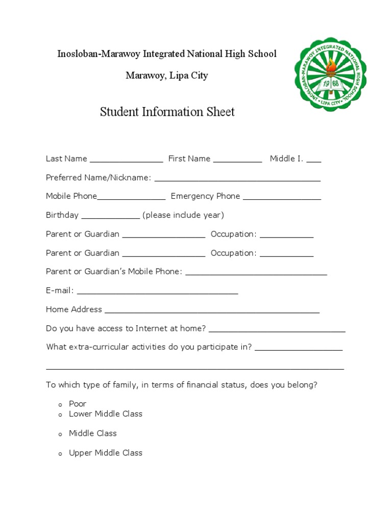 Student Information Sheet: Inosloban-Marawoy Integrated National High ...