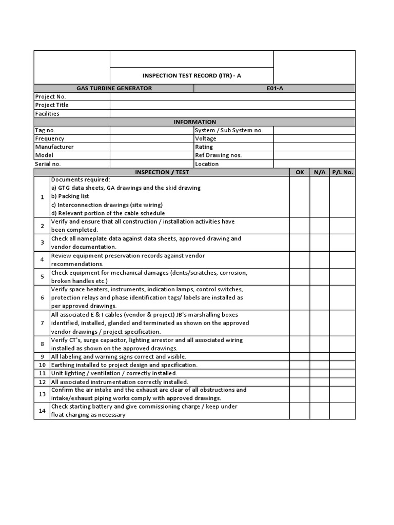 Gas Turbine Generator Inspection Checklist | PDF
