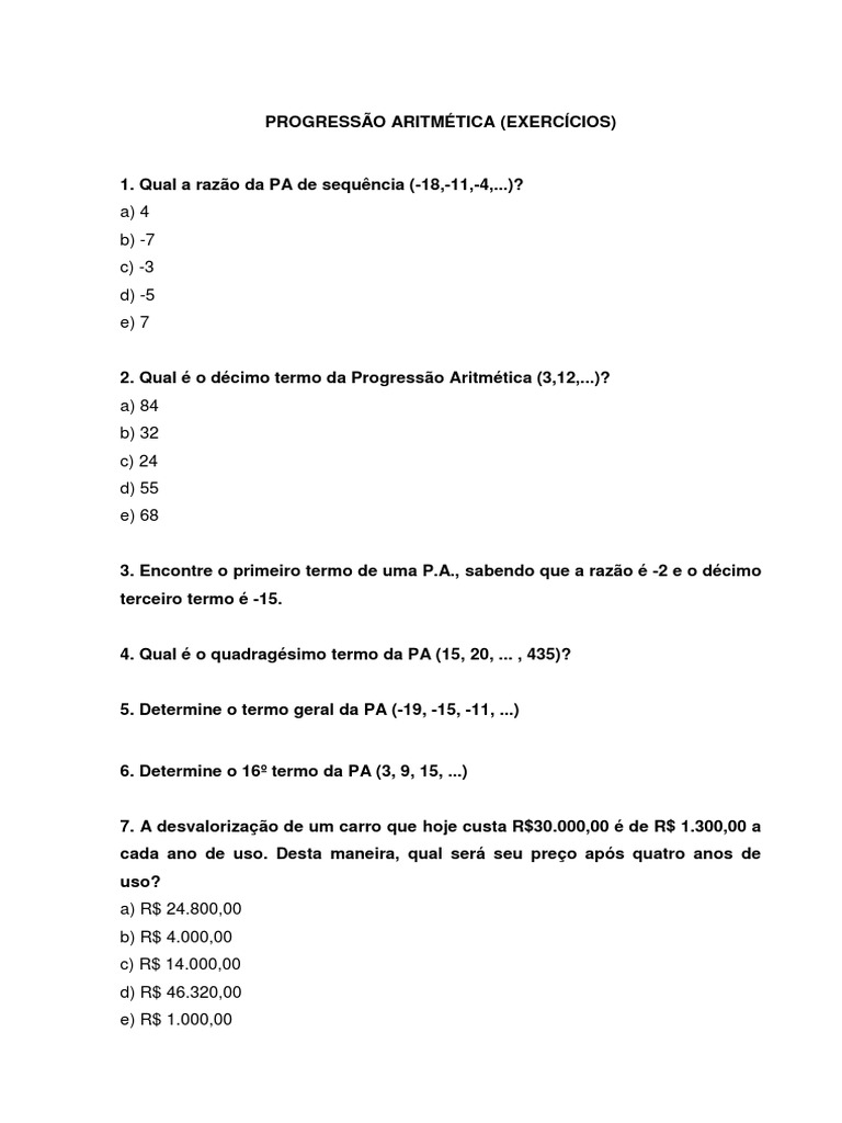 Progressão Aritmética - Exercícios | PDF | Ensino de Matemática