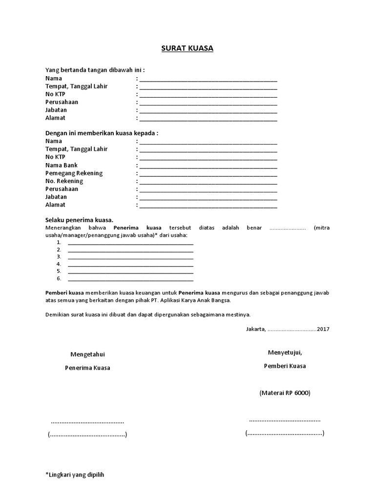 Template Surat Kuasa Rekening Go Resto