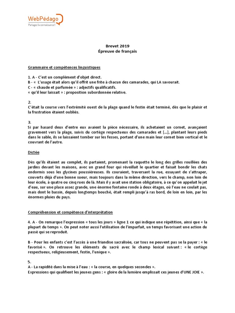 Sujet Brevet Français 2019 Pdf Corrigé Brevet 2019 Francais | PDF | Langues