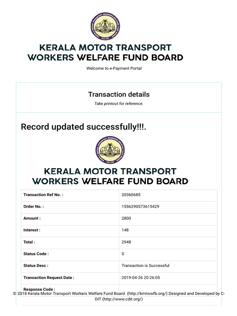EPayment Kerala Motor Transport Workers Welfare Fund Board PDF