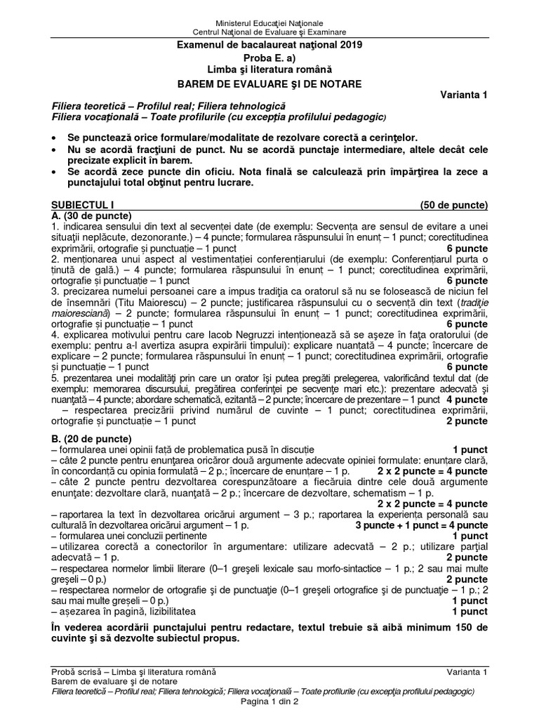Barem Subiecte Limba Română BAC - Profilul Real | PDF