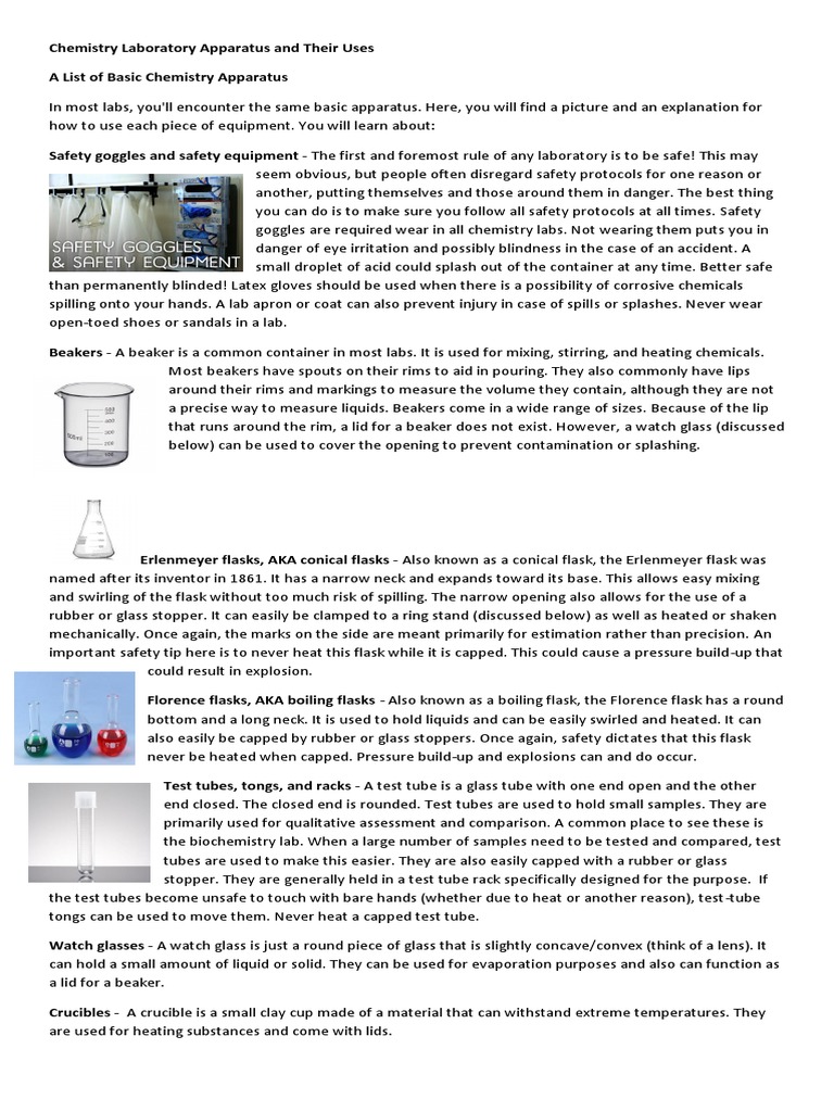 Chemistry Laboratory Apparatus and Their Uses PDF Laboratory