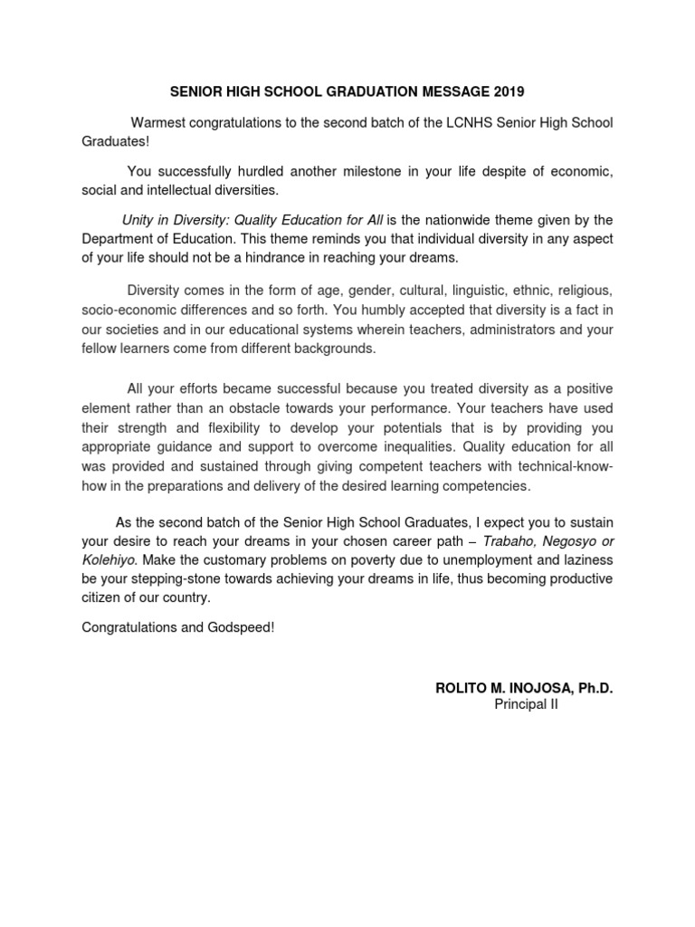 Senior High School Graduation Message 2019 | PDF