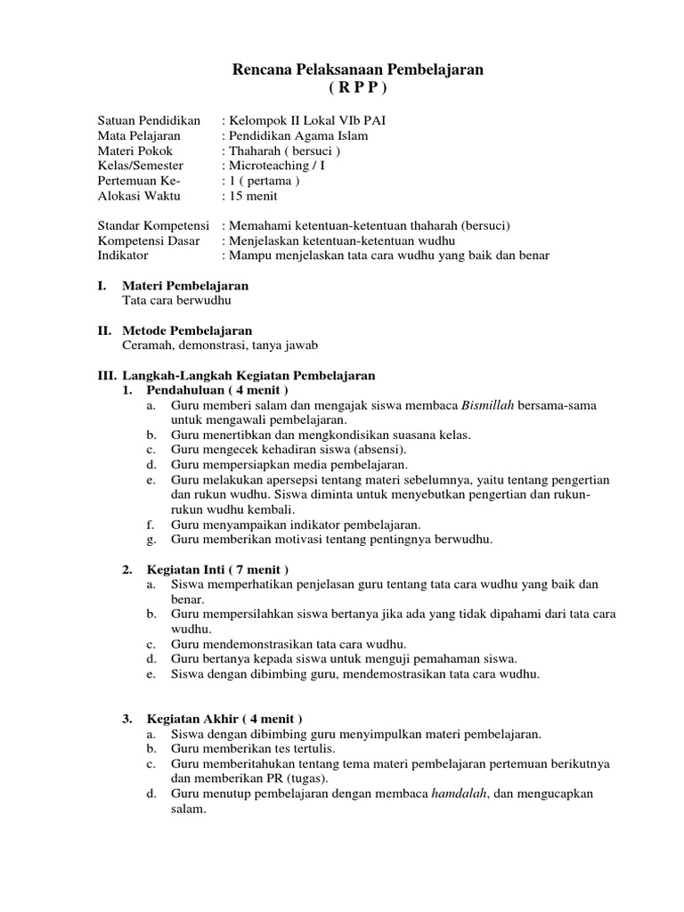Rencana Pelaksanaan Pembelajaran - RPP (Microteaching) | PDF