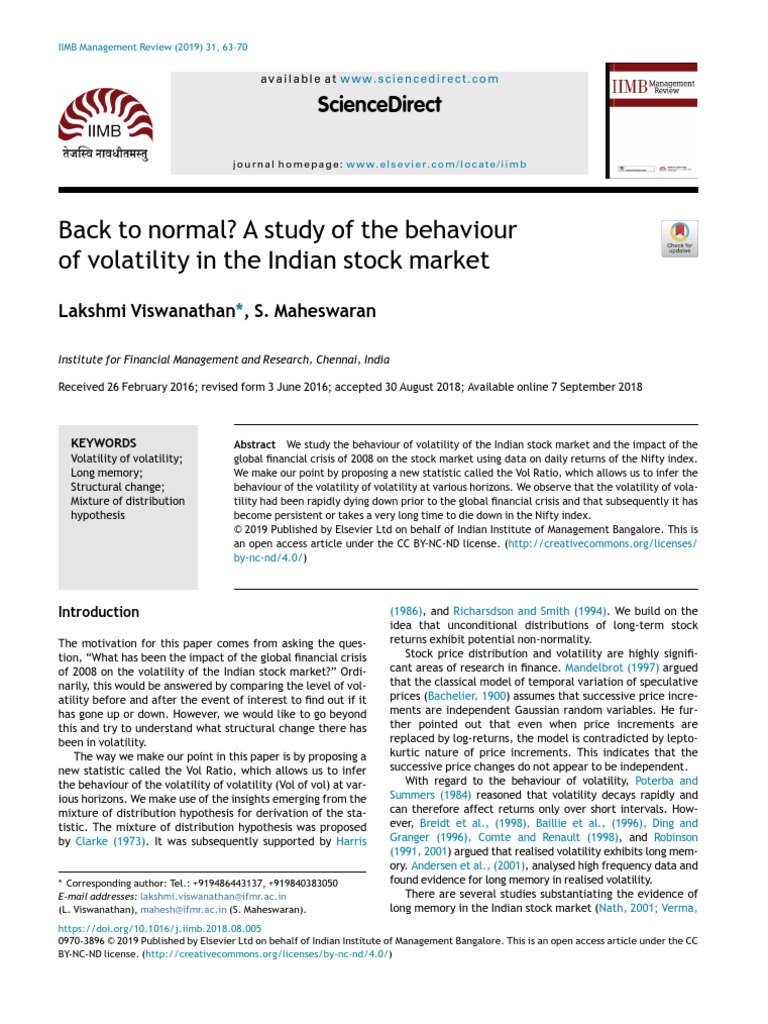 Back To Normal? A Study of The Behaviour of Volatility in The Indian ...