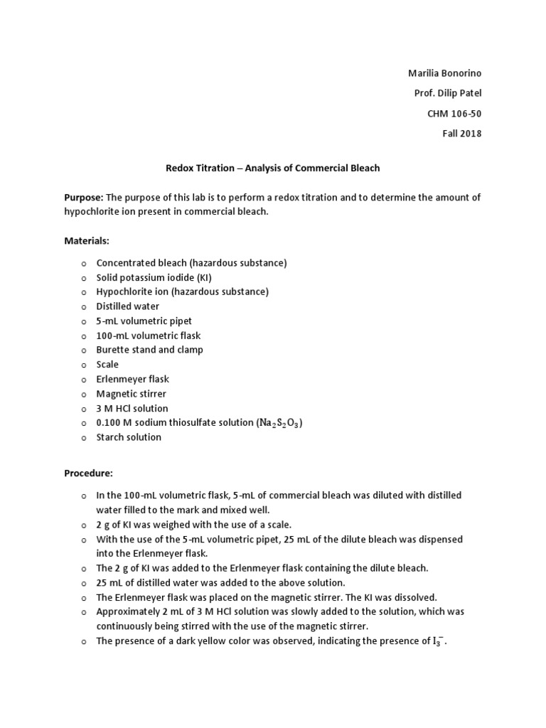 Redox Titration Analysis of Commercial Bleach Purpose The Purpose of