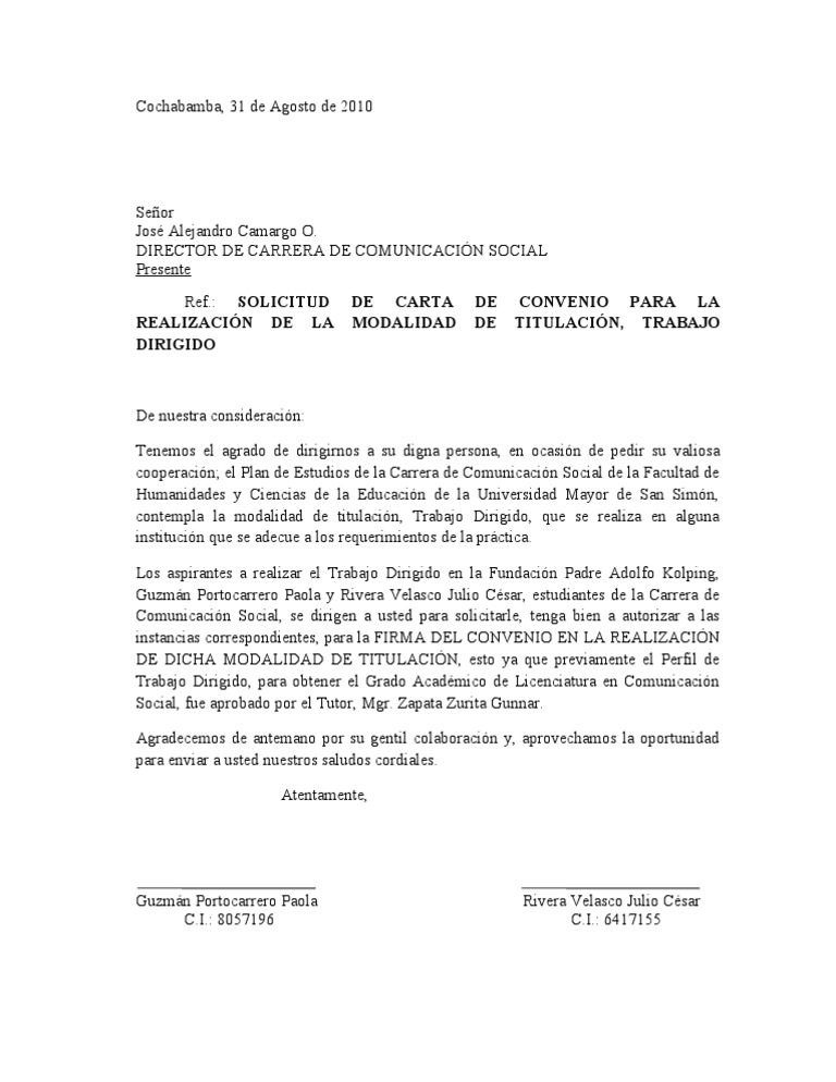 Carta Para Convenio Pdf Titulo Academico Educacion Avanzada
