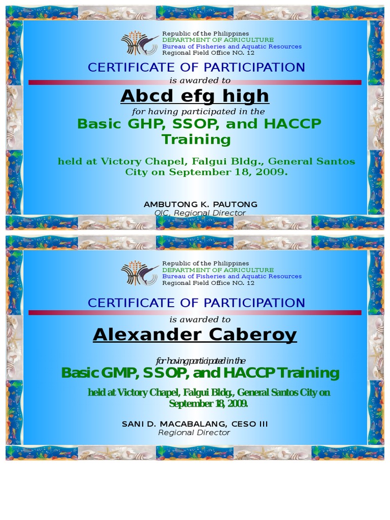 Basic GHP, SSOP, HACCP Training Certificate | PDF