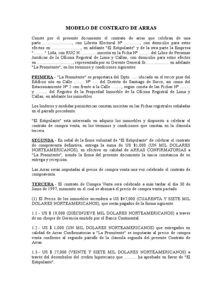 Modelo de Contrato de Arras Derecho